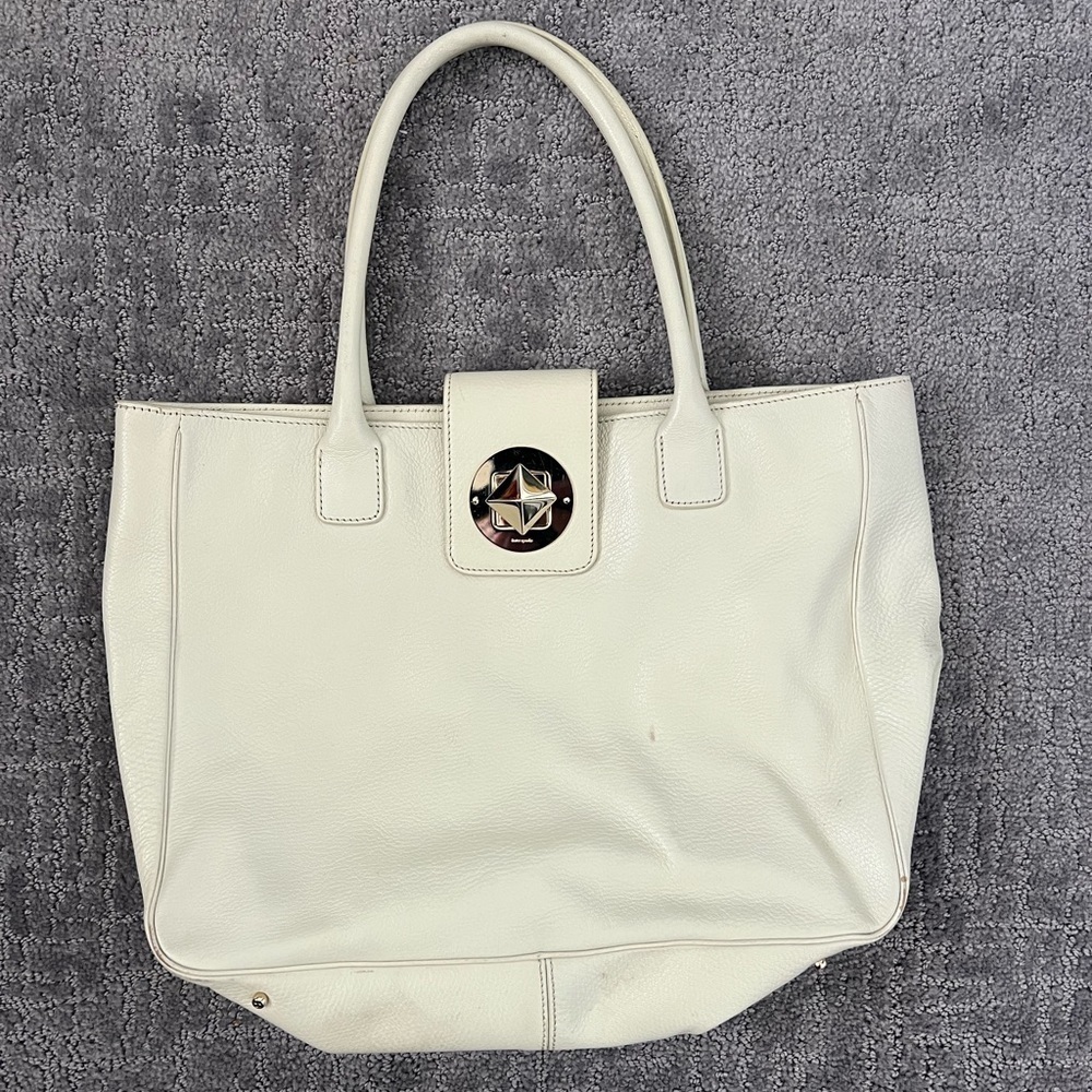 Kate Spade White Pebble Leather Medium Turn Lock Tote